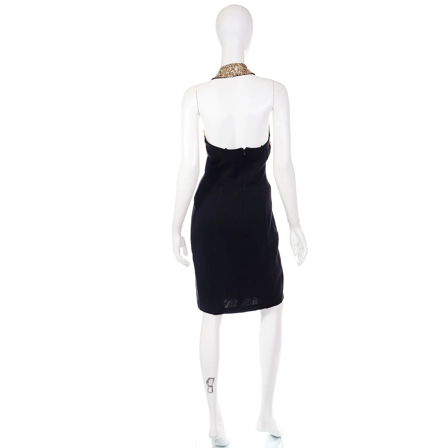 1990s Vintage Black and Gold Beaded Halter Evening Dress