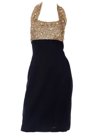 1990s Vintage Black and Gold Beaded Halter Evening Dress