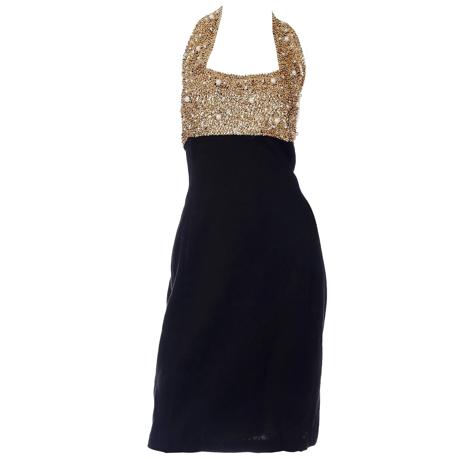 1990s Vintage Black and Gold Beaded Halter Evening Dress