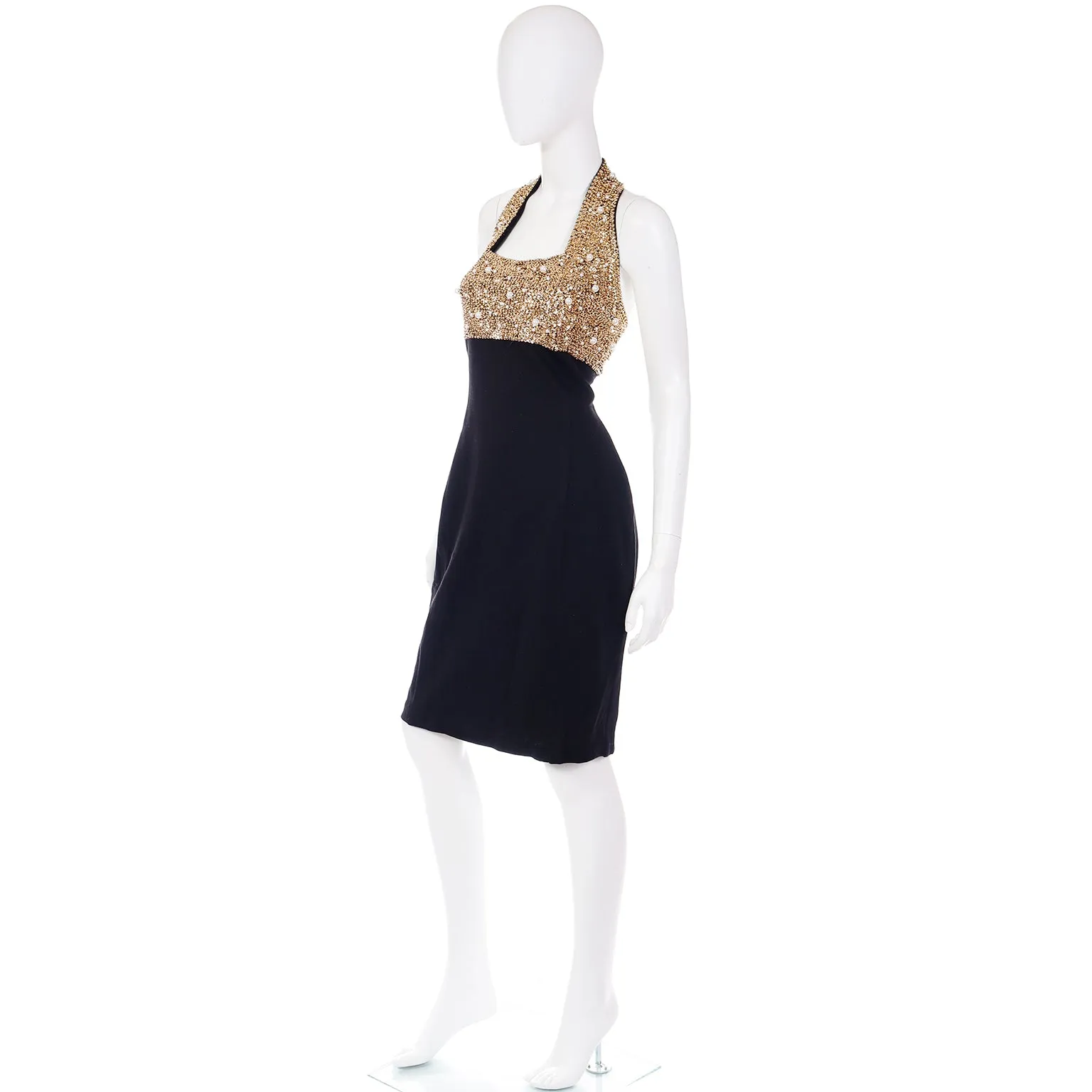 1990s Vintage Black and Gold Beaded Halter Evening Dress