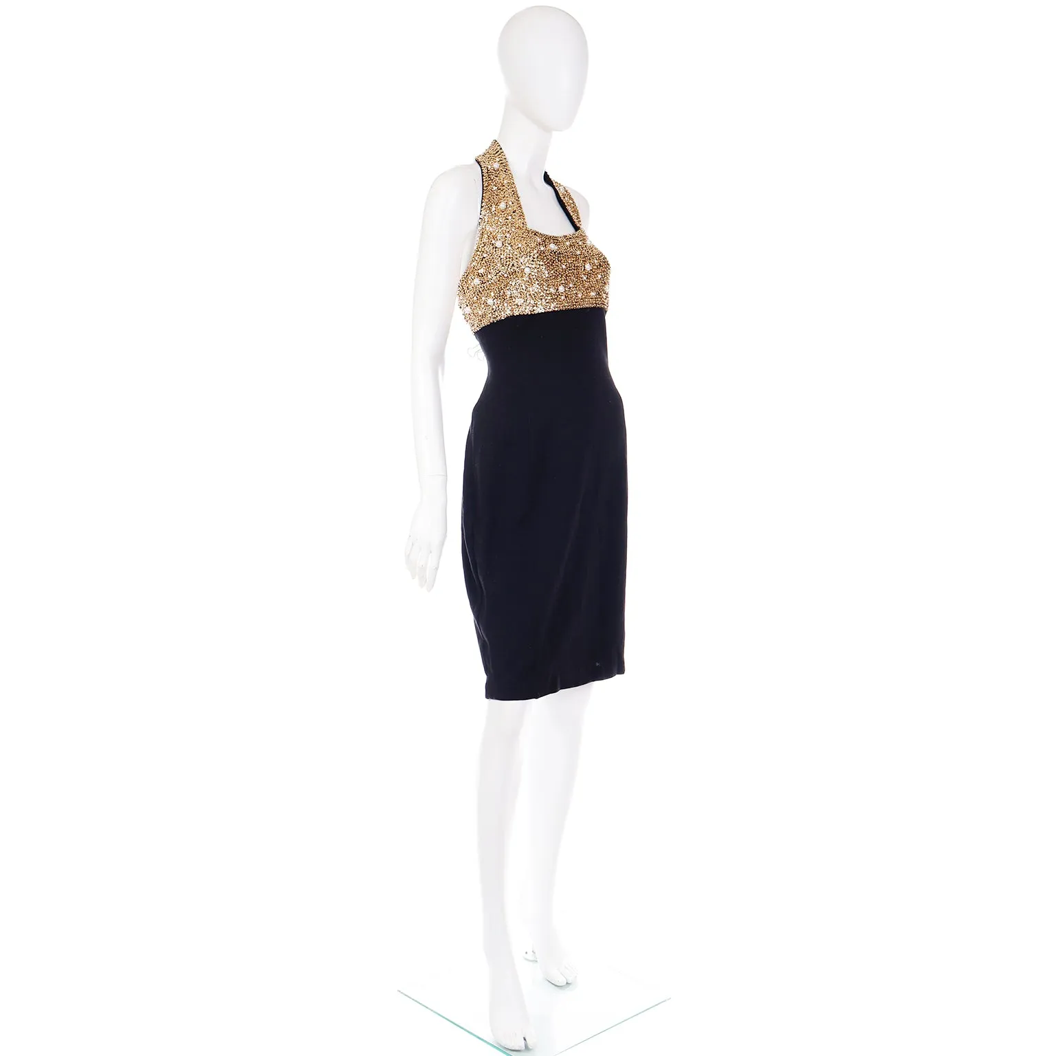 1990s Vintage Black and Gold Beaded Halter Evening Dress