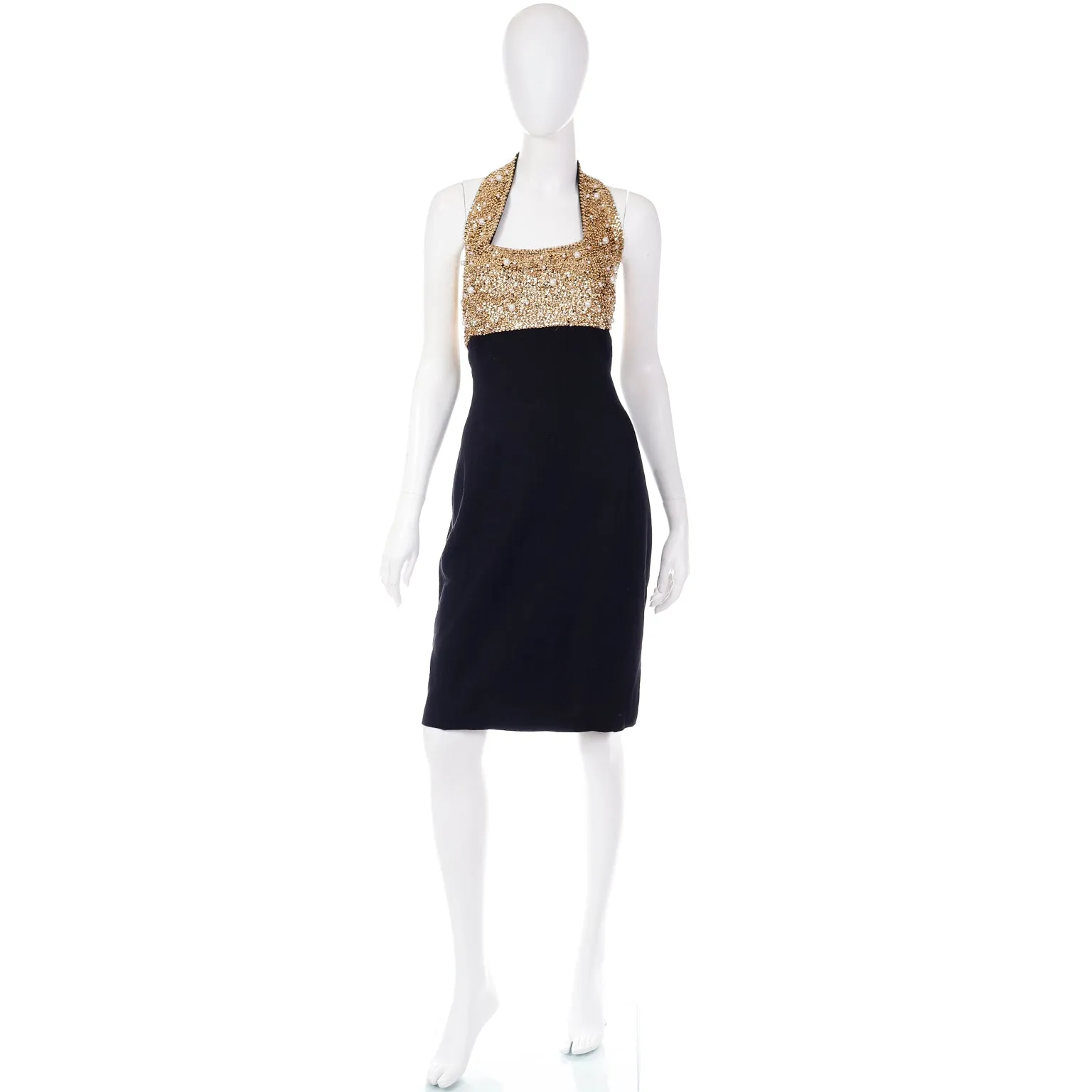 1990s Vintage Black and Gold Beaded Halter Evening Dress