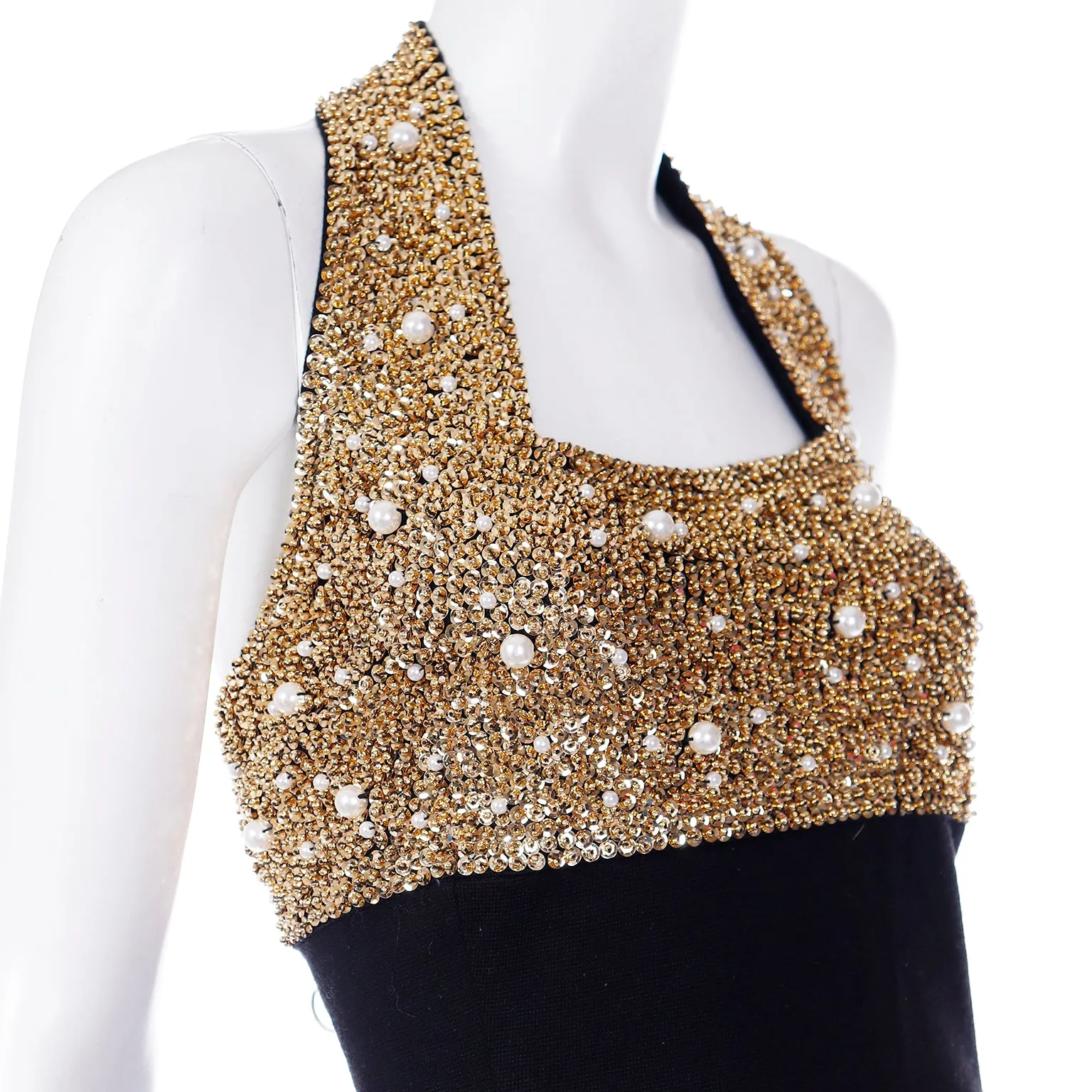 1990s Vintage Black and Gold Beaded Halter Evening Dress