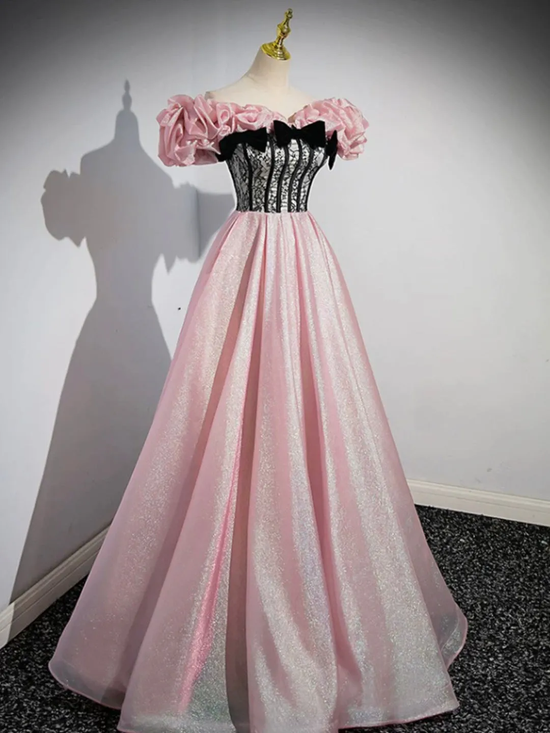 A-Line Shiny Tulle Long Pink Corset Prom Dress Off the Shoulder Pink Evening Dress