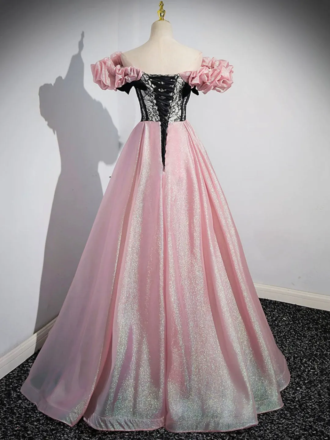 A-Line Shiny Tulle Long Pink Corset Prom Dress Off the Shoulder Pink Evening Dress