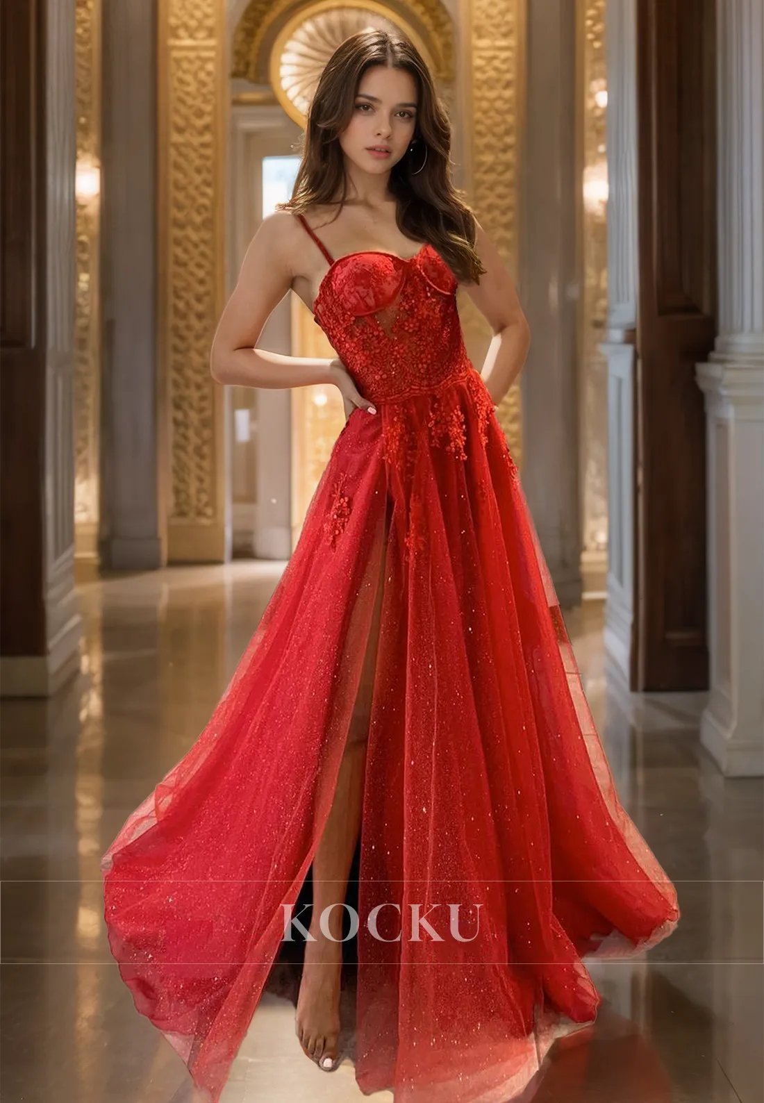 A-Line Spaghetti Straps Sweetheart High Slit Train Pleats Lace Prom Dress Party Dress with Appliques