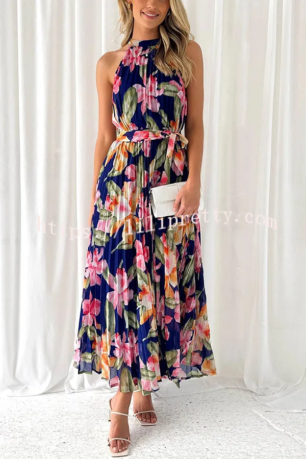 Delicate Floral Print Halterneck Lace Up Pleated Maxi Dress