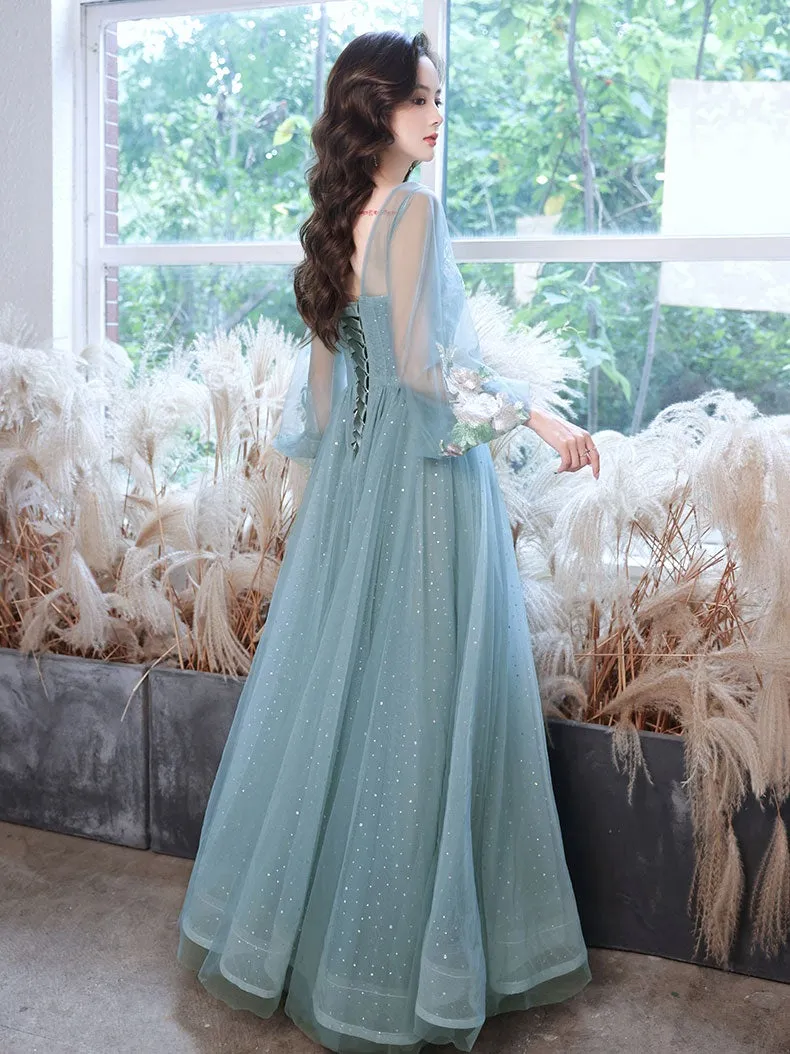Green tulle lace tea length prom dress, green tulle formal dress