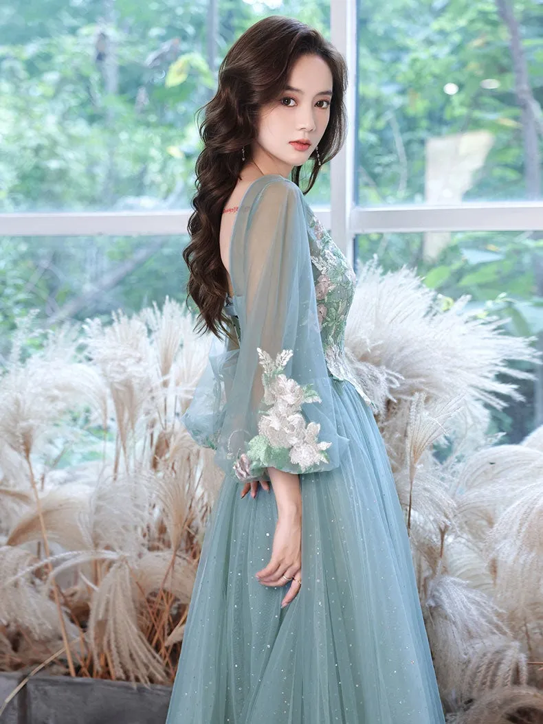 Green tulle lace tea length prom dress, green tulle formal dress
