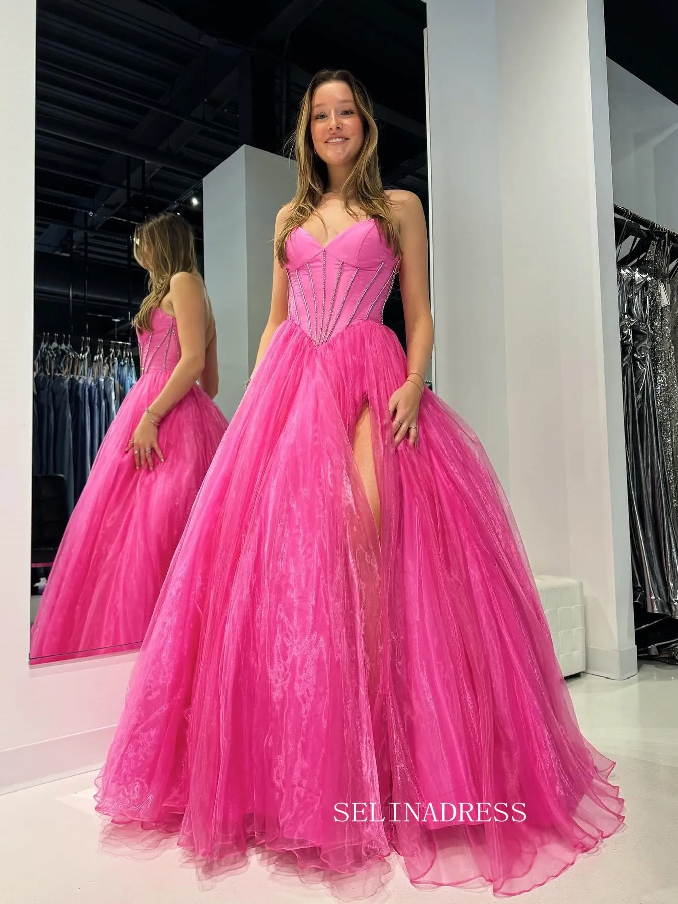 Hot Pink Tulle Organza Long Prom Dress Evening Dress with Slit sew1083