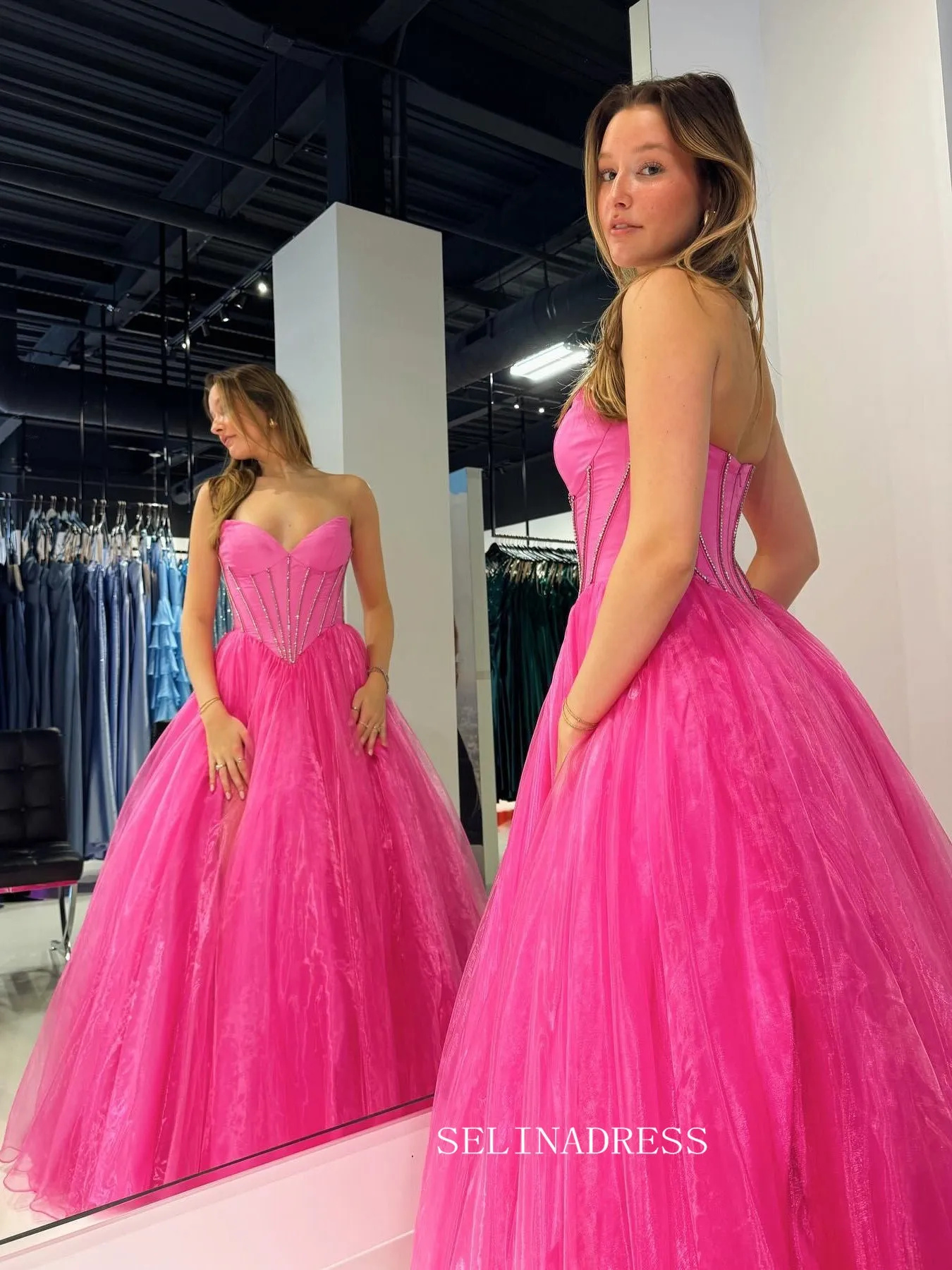 Hot Pink Tulle Organza Long Prom Dress Evening Dress with Slit sew1083