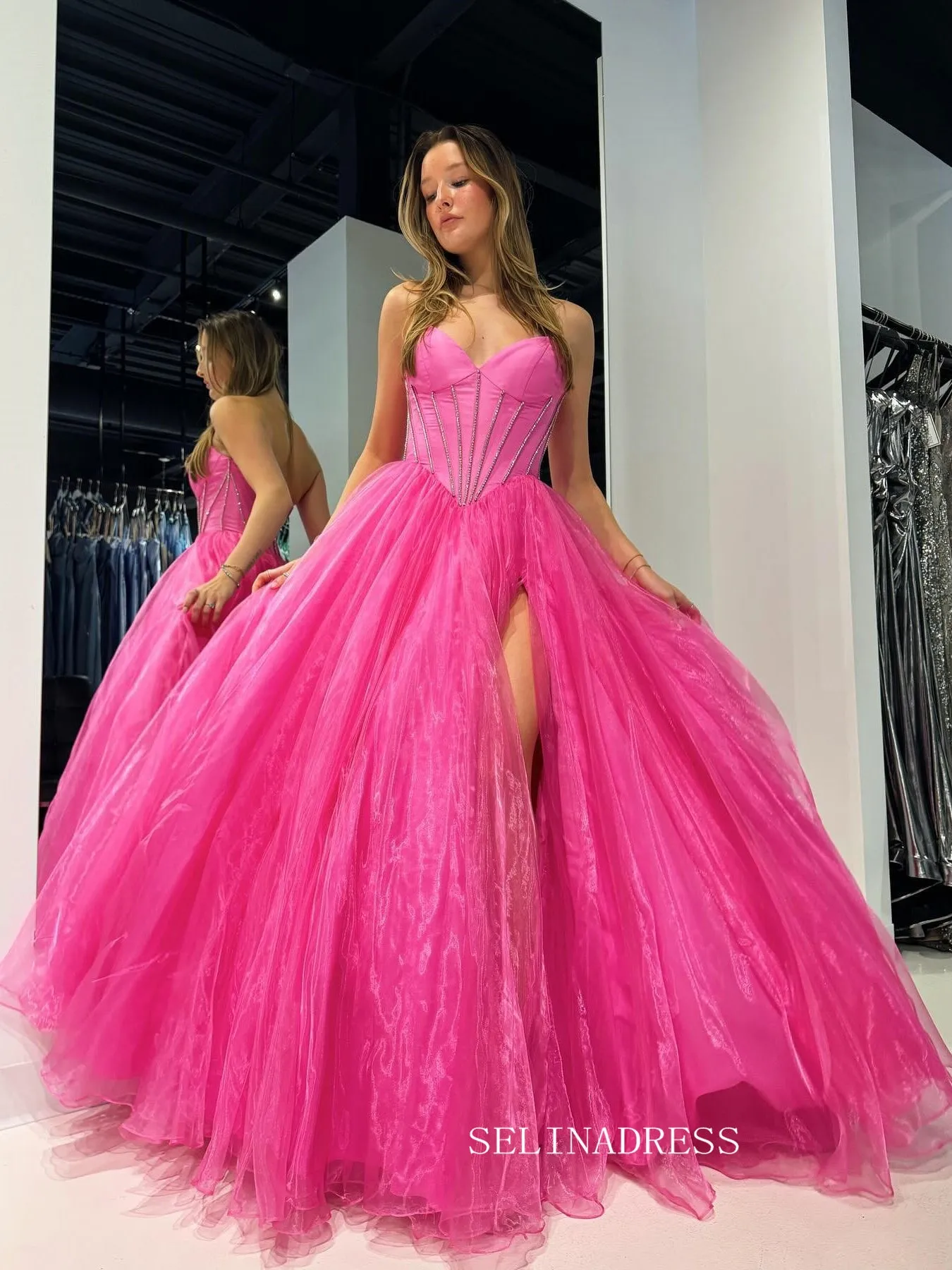 Hot Pink Tulle Organza Long Prom Dress Evening Dress with Slit sew1083