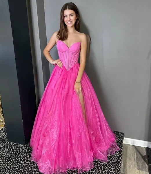 Hot Pink Tulle Organza Long Prom Dress Evening Dress with Slit sew1083