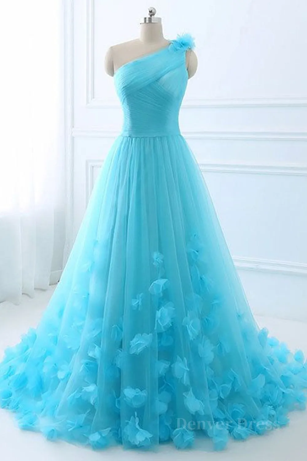 One Shoulder Blue 3D Flowers Long Prom Dress Blue Floral Formal Evening Dress