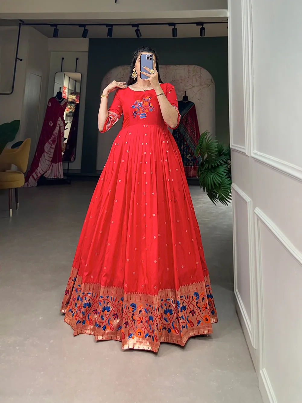 Red Color Banarasi Silk Pethani Gown