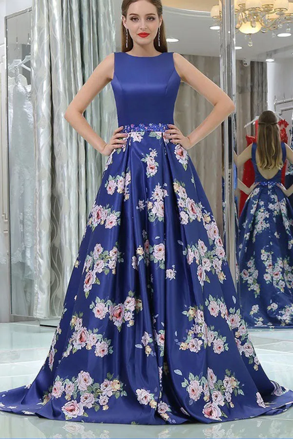 Royal Blue Satin Floral Print Long Prom Dress Evening Dress