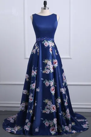 Royal Blue Satin Floral Print Long Prom Dress Evening Dress